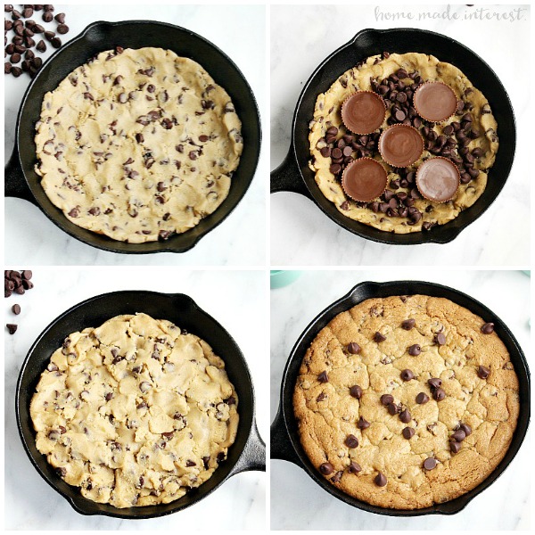 This Peanut butter cup skillet cookie is an easy dessert recipe that your whole family will love. Chocolate Chip cookie dough, peanut butter cups, and chocolate chips are melted together in a mini skillet for a cookie recipe that is a dessert made for two. 