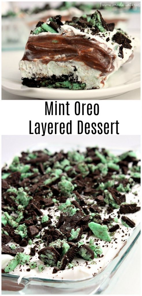 This Mint Oreo Lasagna is layers of Mint Oreo, chocolate pudding, cream cheese, and Cool whip that make a delicious no bake mint oreo layered dessert that is a fun recipe dessert recipe for St. Patrick’s Day! #oreo #stpatricksday #pudding #mint #stpatricksdaydessert