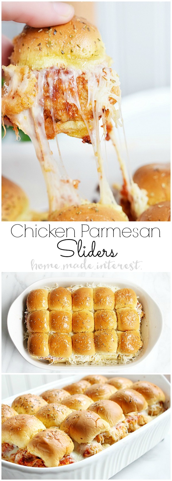 16 cheesy chicken recipes that will knock your socks off. Yummy cheesy chicken flavors that say I'm the picture of comfort food! These Chicken Parmesan sliders are an easy recipe that everyone is going to love. Fried chicken tenders, tomato sauce, and lots of mozzarella cheese make this slider recipe a sure win. Whether it is a game day recipe or a fatherâs day recipe you are looking for you canât go wrong with sliders. 