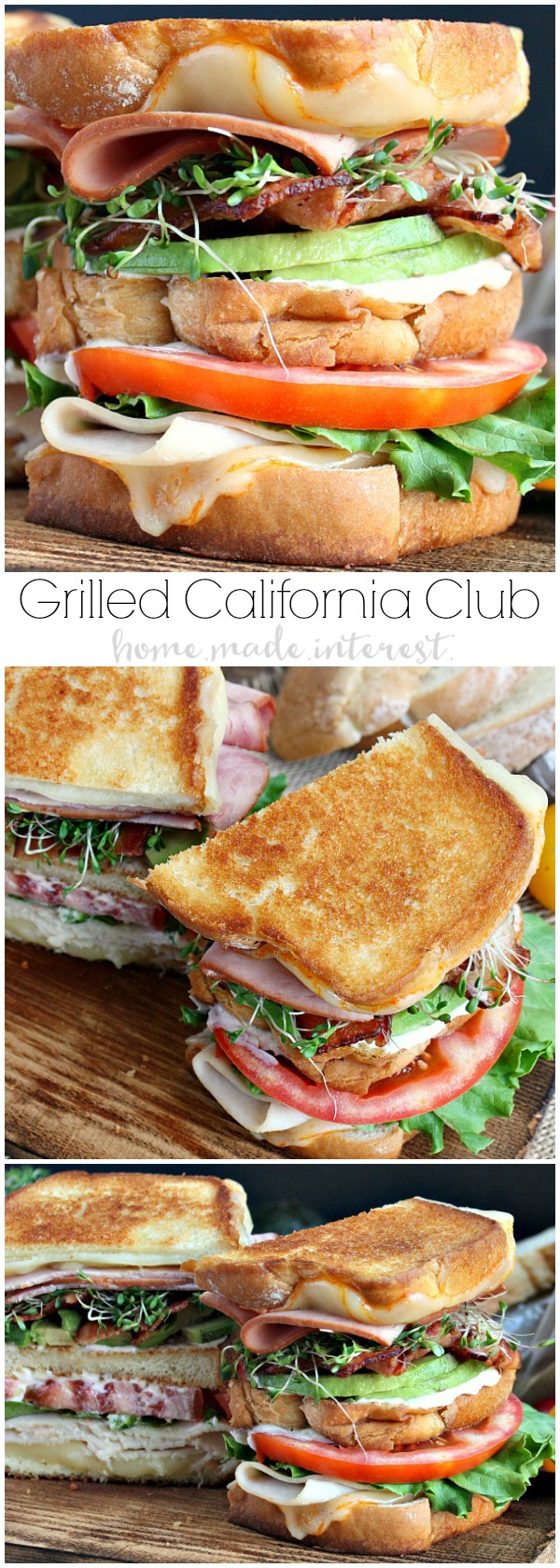 An amazing grilled cheese recipe for National Grilled Cheese Month! We’ve taken a California Club sandwich and turned it into a triple decker grilled cheese sandwich. This grilled california club sandwich oozes Munster cheese, and is piled high with ham, turkey, bacon, avocado, lettuce, tomatoes, and sprouts. 