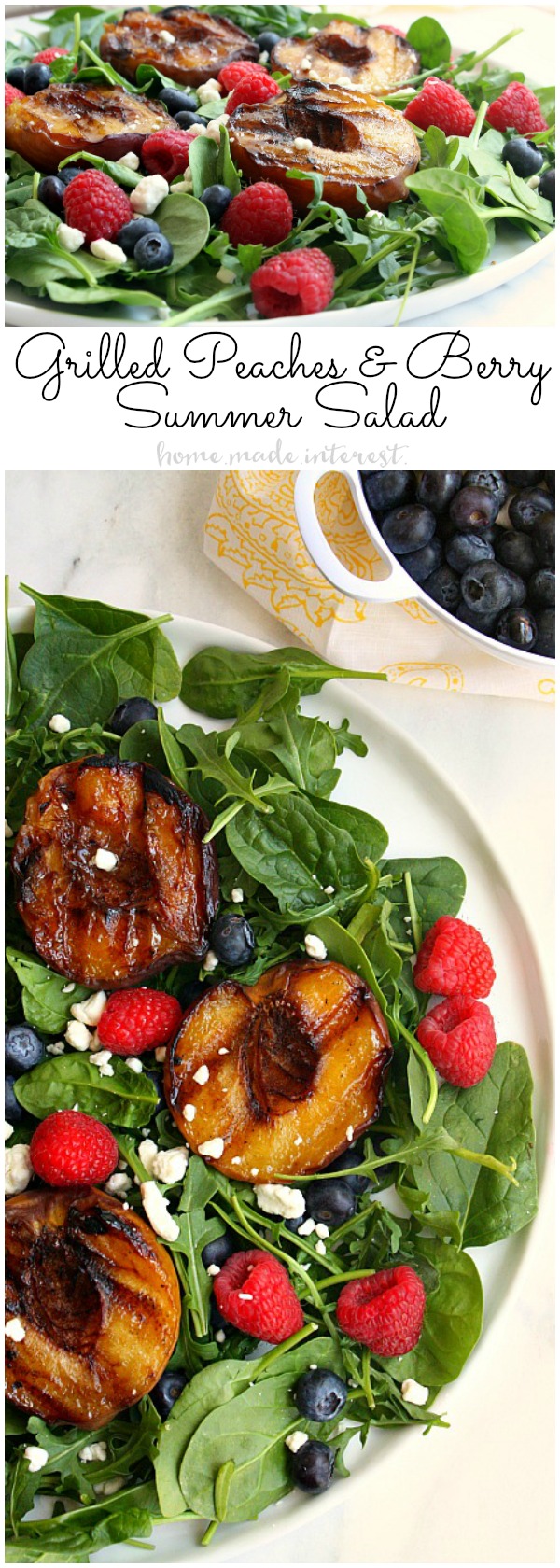 Salads don’t have to be boring! I made this summer salad with grilled peaches, fresh berries, crumbled goat cheese, and organic spinach and arugula. My special dressing brings it all together for a healthy summer dinner recipe that is super easy to make!