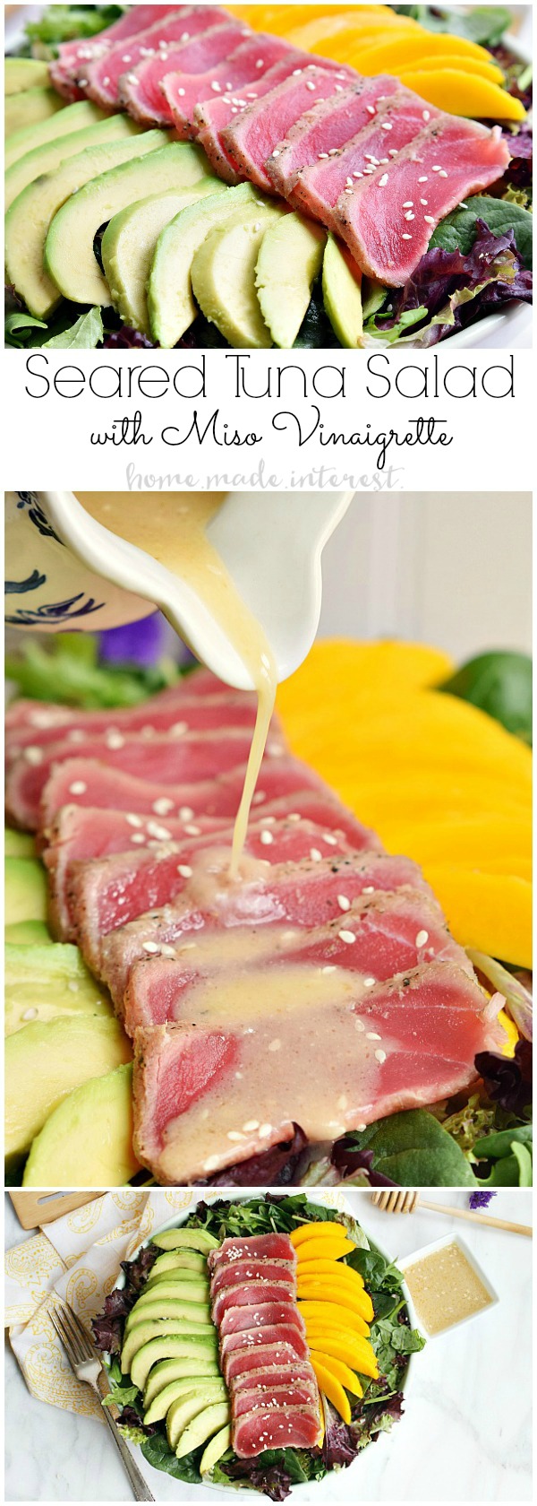 This light and fresh seared tuna salad is a healthy lunch option mixed with mangoes and avocados and topped with a Miso vinaigrette. 