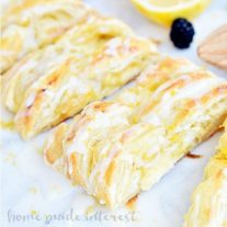 This flaky Lemon Cream Cheese Danish is an easy breakfast or brunch recipe made with puff pastry and filled with a creamy, sweet and tart filling. This is the perfect pretty but easy recipe for Mother’s Day brunch.