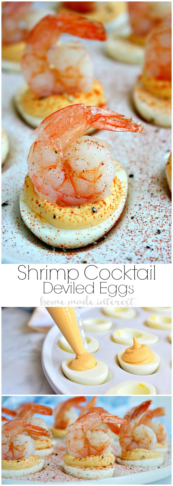 Shrimp cocktail deviled eggs are a new twist on two retro classics. This simple appetizer combines shrimp cocktail and deviled eggs for an updated vintage appetizer recipe that is perfect for retro parties!