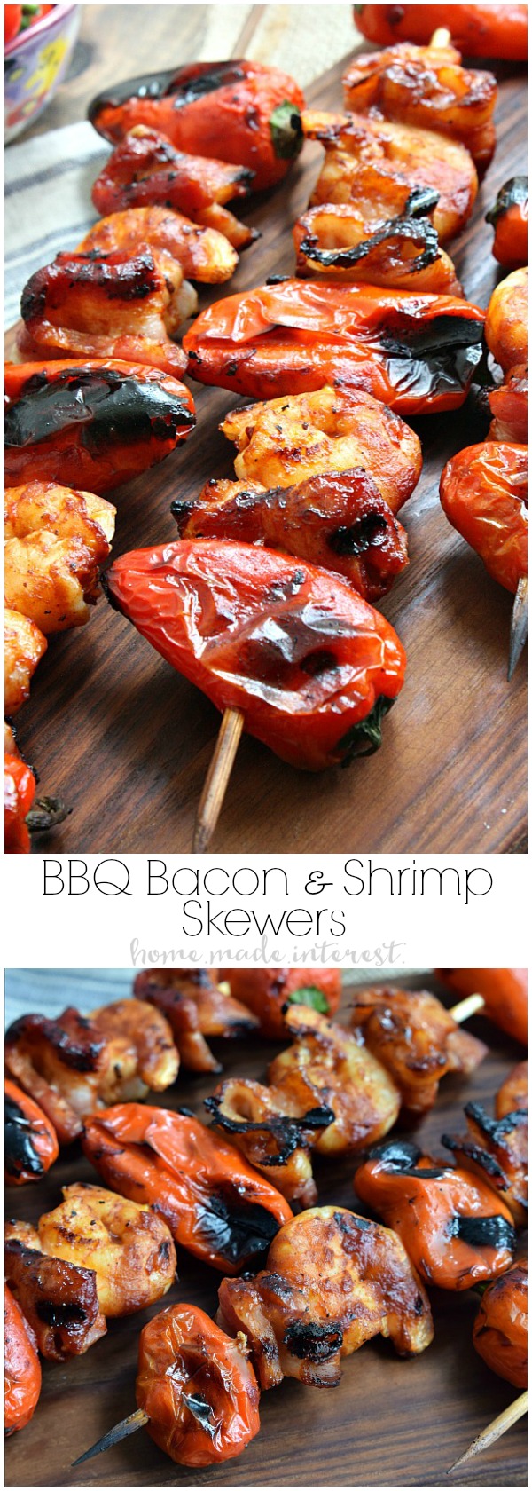 Fire up the grill for this awesome kabob recipe! This grilled BBQ bacon and shrimp skewers are layers of sweet peppers, shrimp and bacon, glazed with your favorite BBQ sauce and grilled over an open flame for a smokey flavor that is out of this world. 