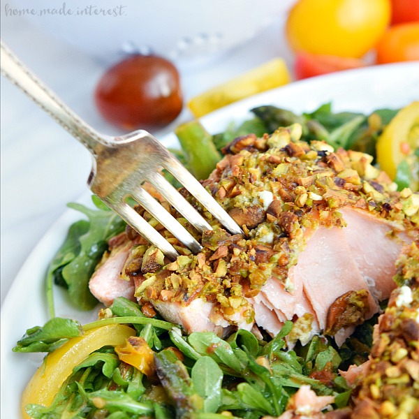 This Pistachio Crusted Salmon recipe is elegant enough for a dinner party and makes an easy weeknight dinner recipe. Pistachio and Dijon mustard pair together perfectly in this healthy low carb recipe.