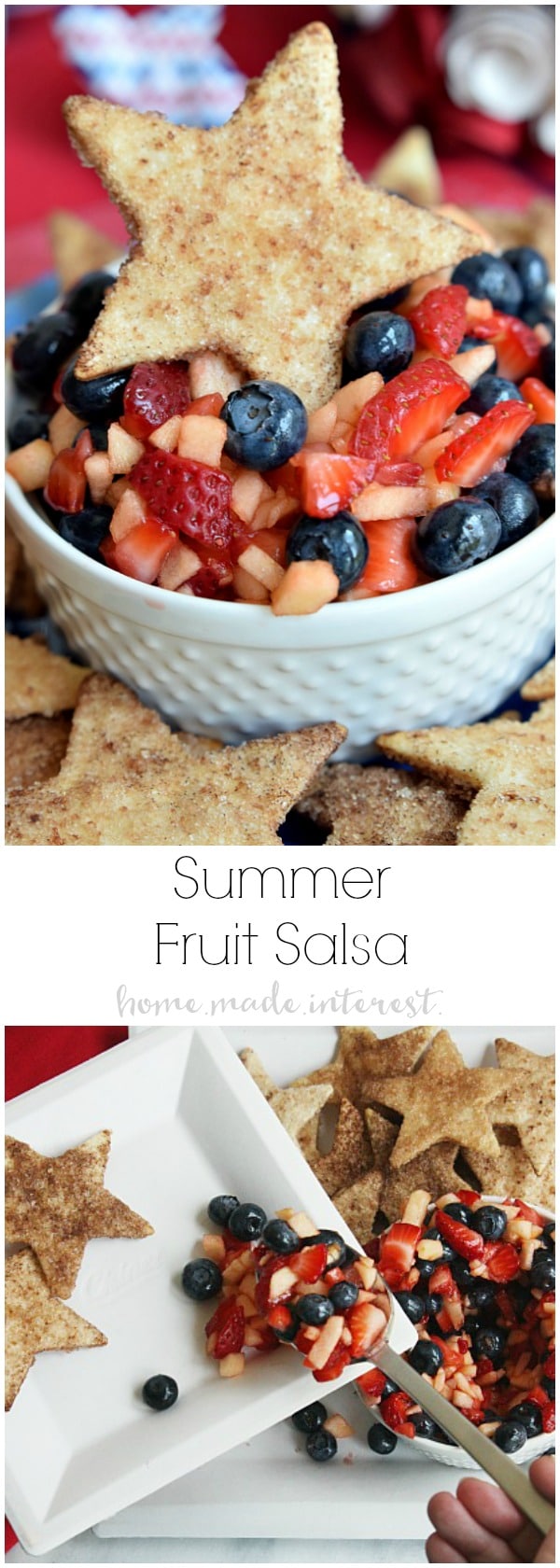 Blueberries, apples, and strawberries make up this light and fresh summer fruit salsa. It is perfect side dish or dessert recipe for Memorial Day, 4th of July, and Labor Day cookouts with it’s beautiful red, white, and blue colors and served with crisp, sweet, cinnamon chips shaped like stars. 