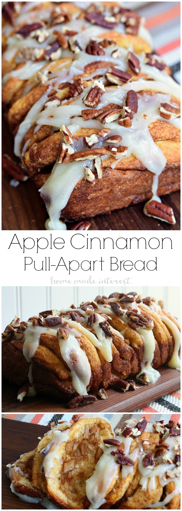 This apple cinnamon pull apart bread recipe is made extra easy because it uses canned biscuits. The biscuit dough is layered with apples, cinnamon, and sugar and baked until the flavors meld together into a sweet, spiced bread. This apple recipe is perfect for fall. Drizzle it with a cream cheese glaze and you have an easy fall dessert recipe that no one will be able to resist!