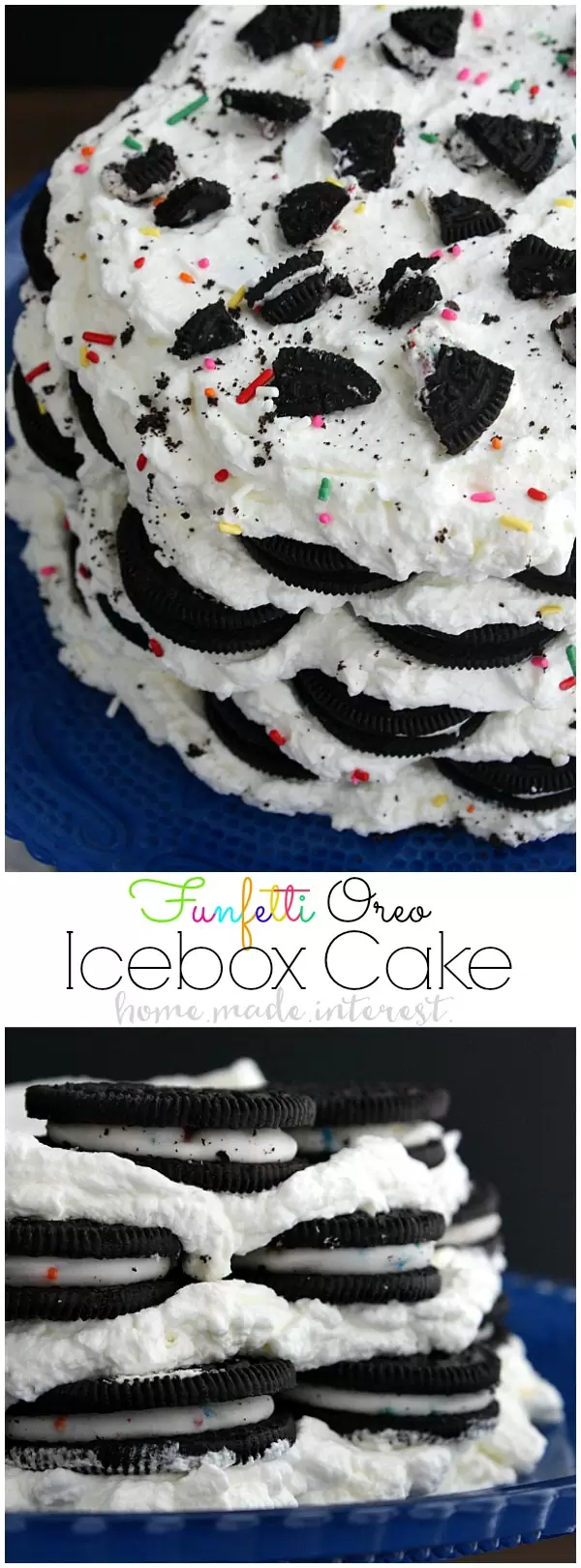 This Funfetti Oreo Icebox Cake is a no bake cake made with layers of whipped cream and Oreos. It is an easy cake recipe that everyone will love! I can’t get enough Oreos so this is my favorite birthday cake recipe. We even have a quick and easy tutorial on how to make a cake stand from thrift store items. It is such a simple way to make a personalized birthday gift for a friend complete with an Oreo Icebox Cake on top!!