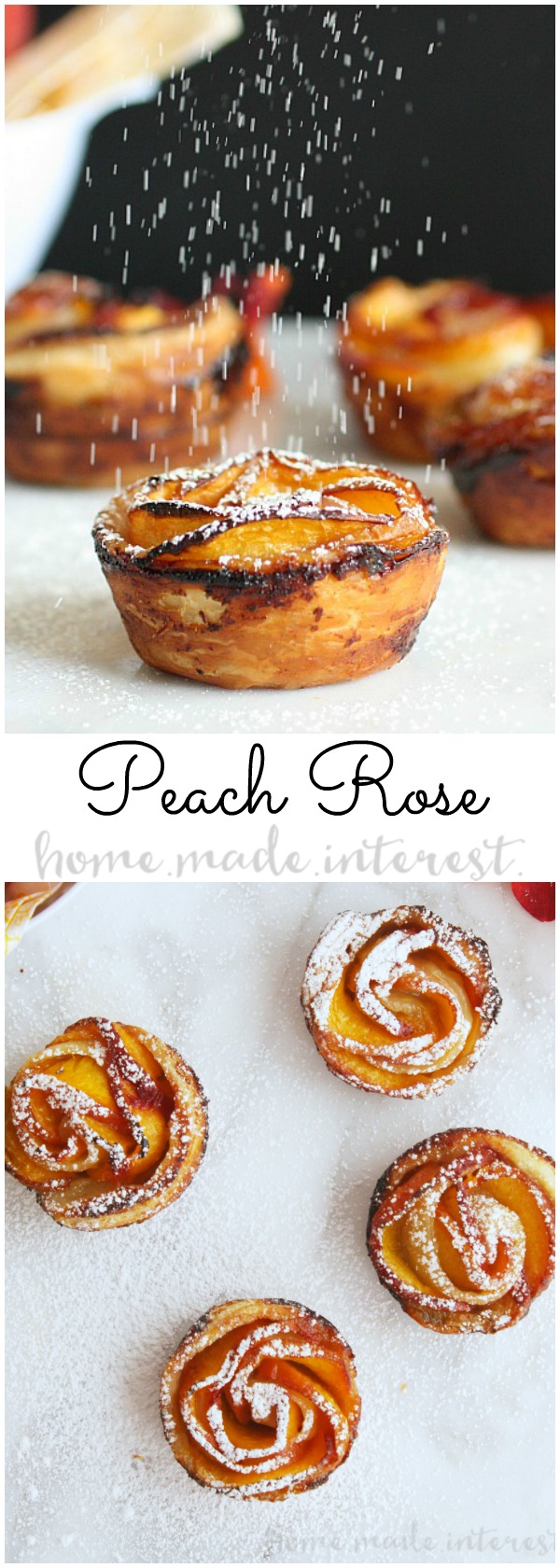 All of the flavors of a peach tart rolled up into beautiful peach rose cups. Puff pastry and fresh peaches and rolled up to create sweet peach roses. This is the perfect summer peach recipe! 
