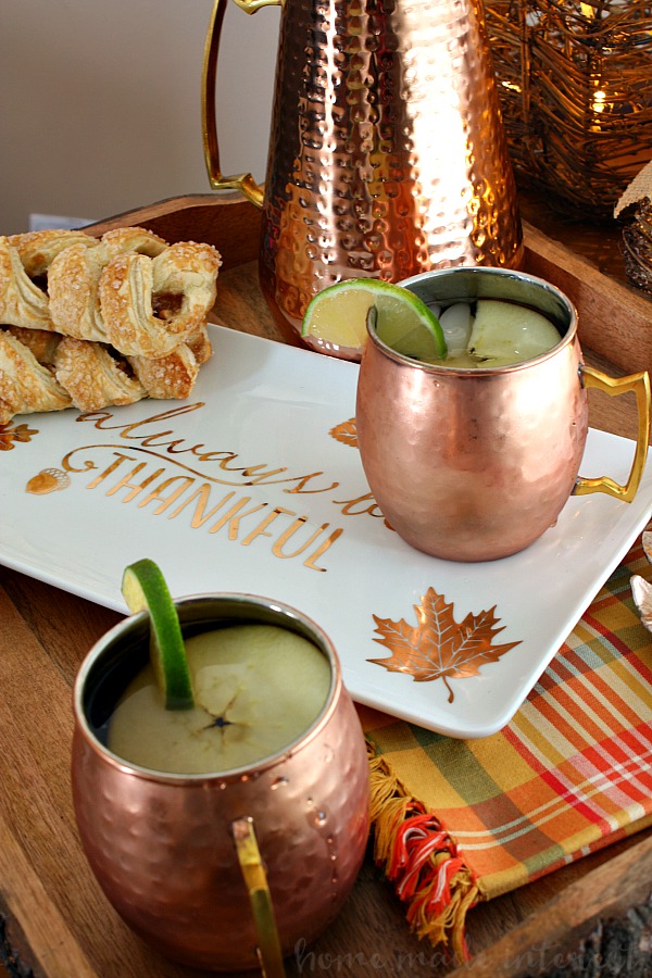 This Apple Cider Mule is going to be your favorite fall drink recipe! Apple Cider, vodka and ginger beer combined to make a fall flavored moscow mule. Need a Halloween party drink? Your friends are going to love this!