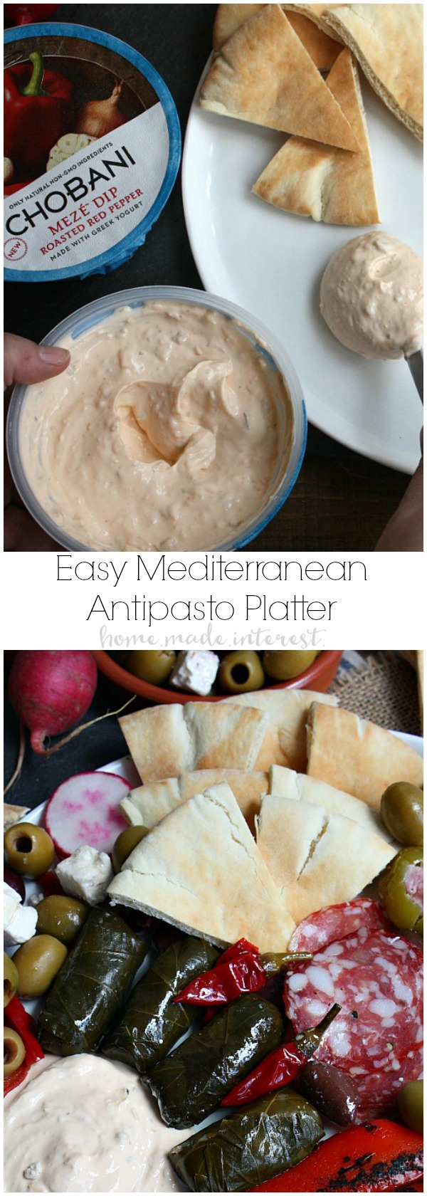 This easy antipasto platter is going to be a hit at your next party. A mediterranean antipasto platter filled with peppers, dolmas, meats, olives, and cheeses, served with flavored greek yogurts and pita bread, makes the perfect appetizer for a party. 