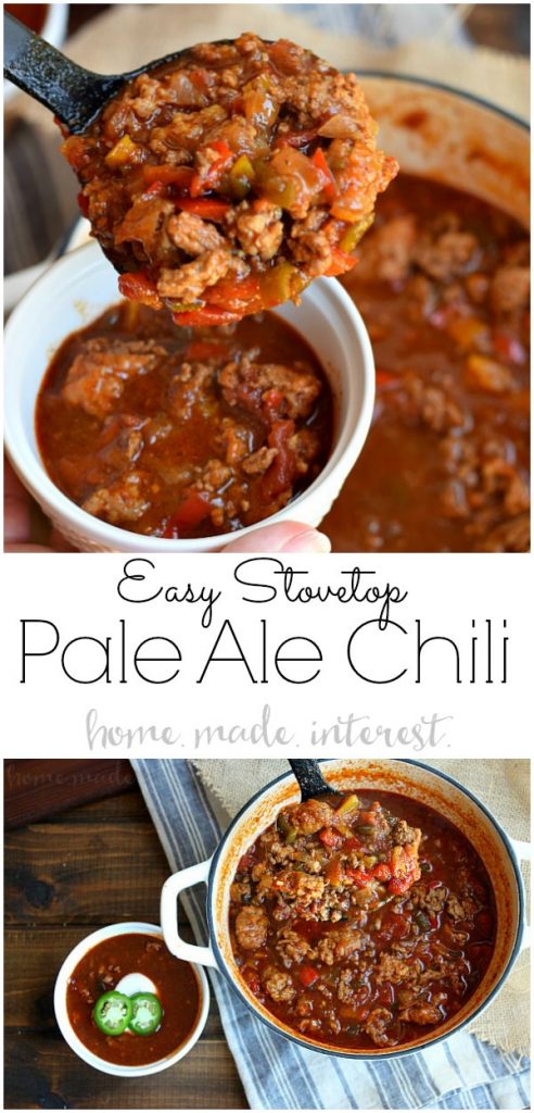 Pale Ale Chili | Easy chili recipe made with Pale Ale beer. Not made in the crock pot but on the stove top it is perfect for your game day party this football season. Chili made with beer is packed full of flavor. #chili #beer #gamedayfood #gameday #homemadeinterest