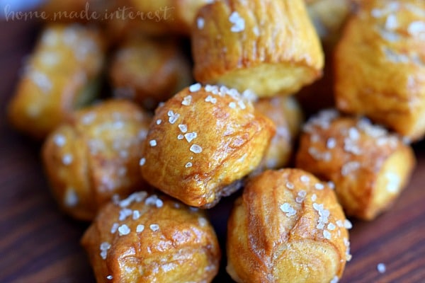 These pretzel bites are made with homemade pretzel dough. They are the perfect game day snack served with a delicious cheese dip. Make this easy pretzel recipe for the kids for an after school snack.