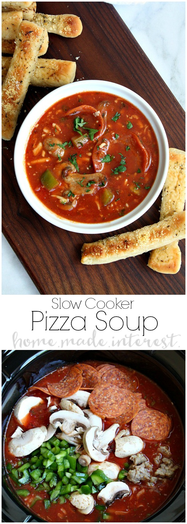 Put a new twist on family pizza night with this easy slow cooker soup recipe. Slow cooker pizza soup is a delicious crock pot tomato soup with all of the spices that give it that pizza sauce flavor. Add in stringy mozzarella cheese, and all of your favorite pizza toppings and you have a slow cooker soup recipe that the whole family will love. 