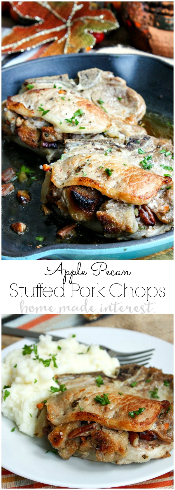 These delicious Apple Pecan Stuffed Pork Chops are an easy dinner recipe that everyone in the family will love. The pork goes perfectly with the Apple Pecan Stuffing and it adds so much flavor to the meat. Serve this apple pecan stuffed pork chops recipe with a big helping of mashed potatoes! 