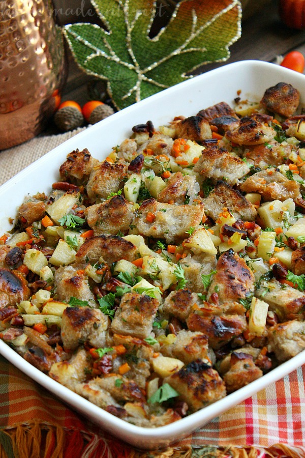 This Apple Pecan Stuffing recipe is a delicious blend of buttery bread cubes, apples, and pecans. Make this Thanksgiving stuffing recipe for your family and friends for Thanksgiving dinner. You can stuff the turkey with it or make it in a separate casserole dish. It’s one of the best Thanksgiving stuffing recipes I’ve ever tasted!