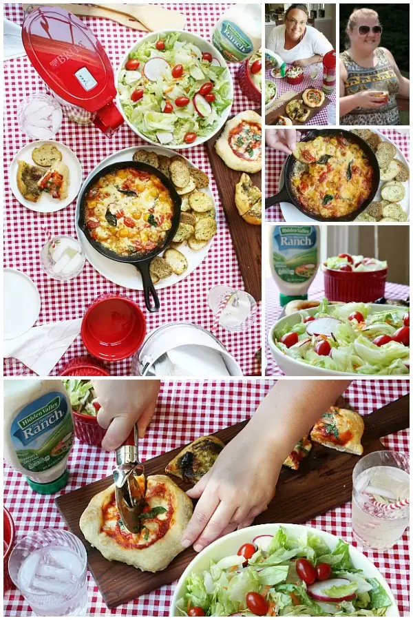 Host a fun adult pizza party to celebrate the kids being back in school! Individual homemade pizzas, baked caprese dip with crostini, and a simple salad. The baked caprese dip is made with mozzarella cheese, fresh tomatoes, and leaves of basil all baked until it is bubbly and delicious. It is an easy way to gather with friends for good friends and food.