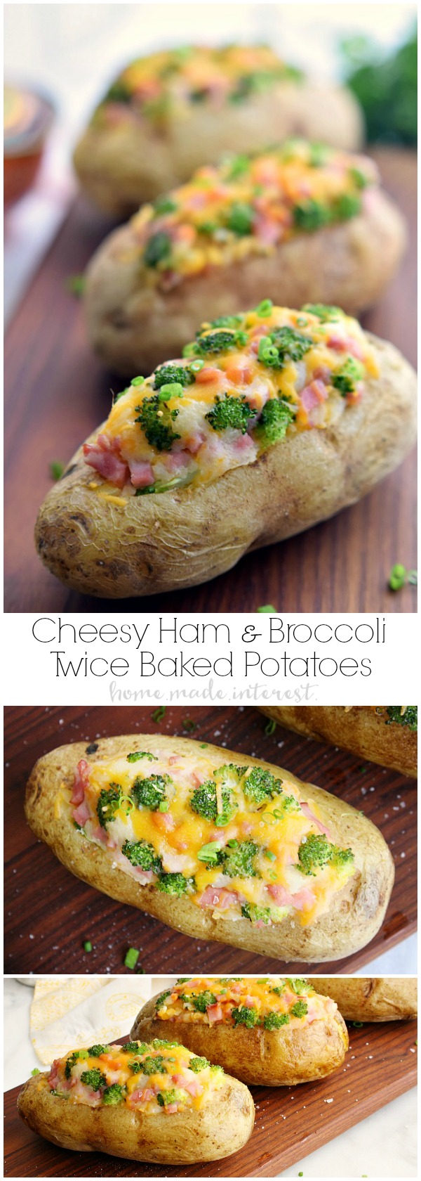 These ham and broccoli twice baked potatoes are stuffed with cheese, ham, and broccoli all put back into a potato shell and baked a second time. This easy twice baked potato recipe is a full meal and kids and adults will love it!