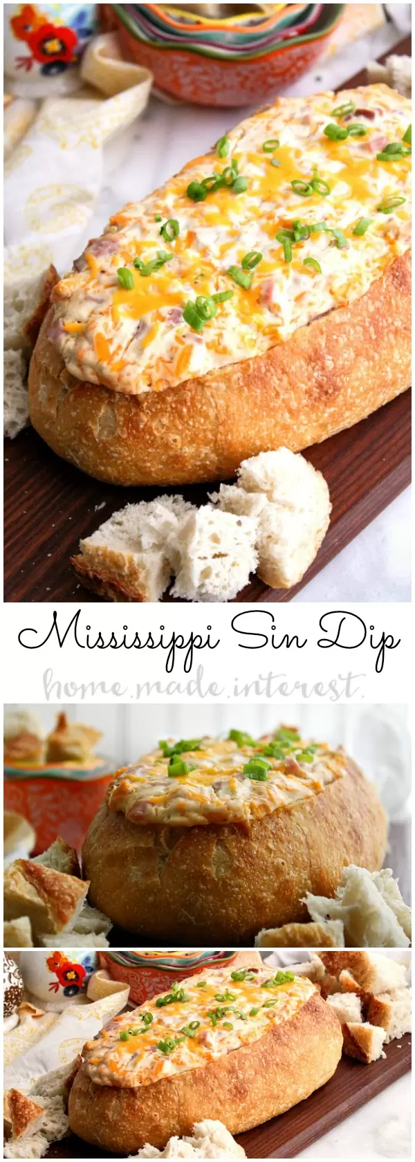 This decadent Mississippi Sin dip is an easy appetizer made with cheese and ham mixed together and baked inside a loaf of French bread until it is ooey gooey. The perfect game day appetizer or holiday party appetizer! 