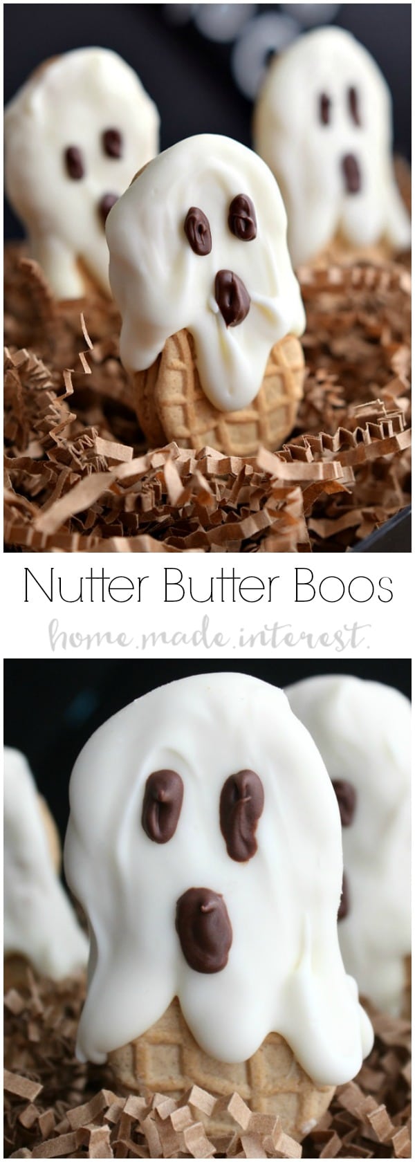 This old school Halloween dessert is the perfect Halloween party food. Kids are going to love these Nutter Butter ghost cookies. Nutter Butter cookies coated in white chocolate or almond bark and decorated with chocolate eyes. Halloween Nutter Butter cookies are delicious and adorable! 