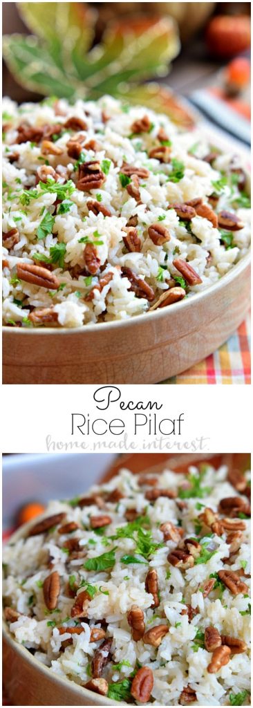 This Pecan Rice Pilaf recipe is an easy Thanksgiving side dish made with flavorful rice and buttery toasted pecans. A simple rice pilaf recipe for fall.