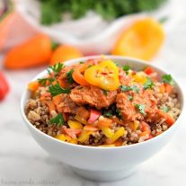 This Sweet and Spicy Salmon Rice Bowl recipe is a quick and easy healthy lunch recipe. The Salmon and Rice are mixed with bell peppers and coated in a chili lime sauce. Toss everything together for an on the go rice bowl recipe with a little bit of a kick!