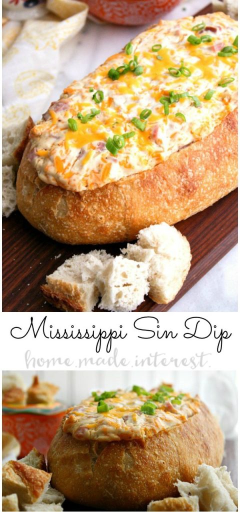 This decadent Mississippi Sin dip is an easy appetizer made with cheese and ham mixed together and baked inside a loaf of French bread until it is ooey gooey. The perfect game day appetizer or holiday party appetizer!