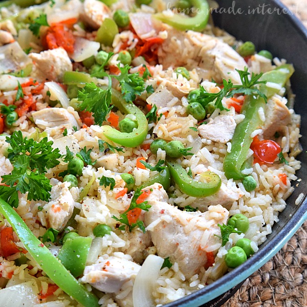 One Pot Turkey and Rice | A beautiful pan of turkey, green peppers, peas, and rice. 
