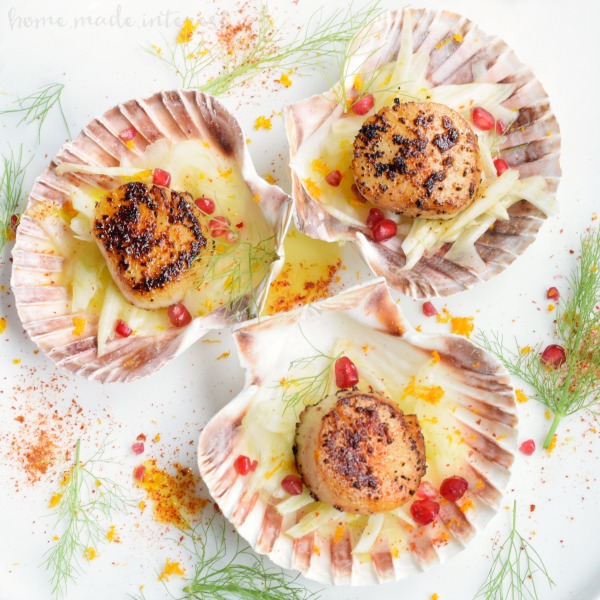This Red Chili Seared Scallops recipe is an an elegant appetizer recipe that will make a great addition to your New Year’s Eve holiday appetizers. The scallops are coated in Basque Red Chili Powder for a warm sweet flavor that pairs perfectly with the fresh Citrus Fennel Salad it is served on. It’s an easy seafood appetizer recipe is sure to impress your friends and family with its beauty and simplicity.