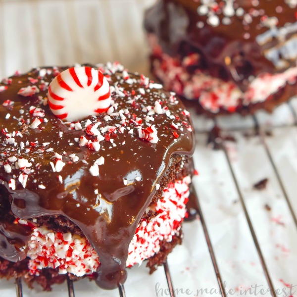 Peppermint Brownie Towers are a peppermint dessert recipe that makes a great Christmas dessert or New Year’s Eve dessert. It is an easy brownie recipe that is quick to make and beautiful to look at. Brownies, frosting, peppermint all topped with a rich, creamy chocolate ganache. This is a peppermint chocolate dessert that everyone will love!
