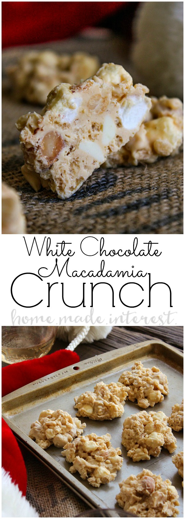 This easy no bake White Chocolate Macadamia Crunch is a simple cookie recipe for the hectic holidays! White chocolate, peanut butter, macadamia nuts, and rice krispies come together to make an easy dessert recipe for Thanksgiving, Christmas, or just one of those days. 