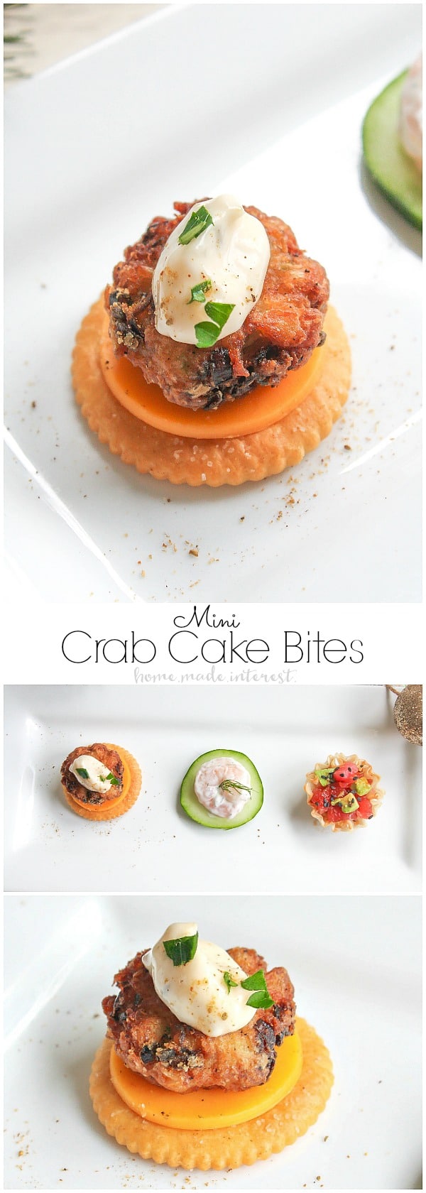These Mini Crab Cake Bites are an easy appetizer recipe for Christmas or New Year’s Eve. This elegant bite size appetizer is a mini crab cake served over cheddar cheese on a RITZ Crackers. Enjoy these crab cakes along with several other seafood appetizers for your New Year’s Eve party. 