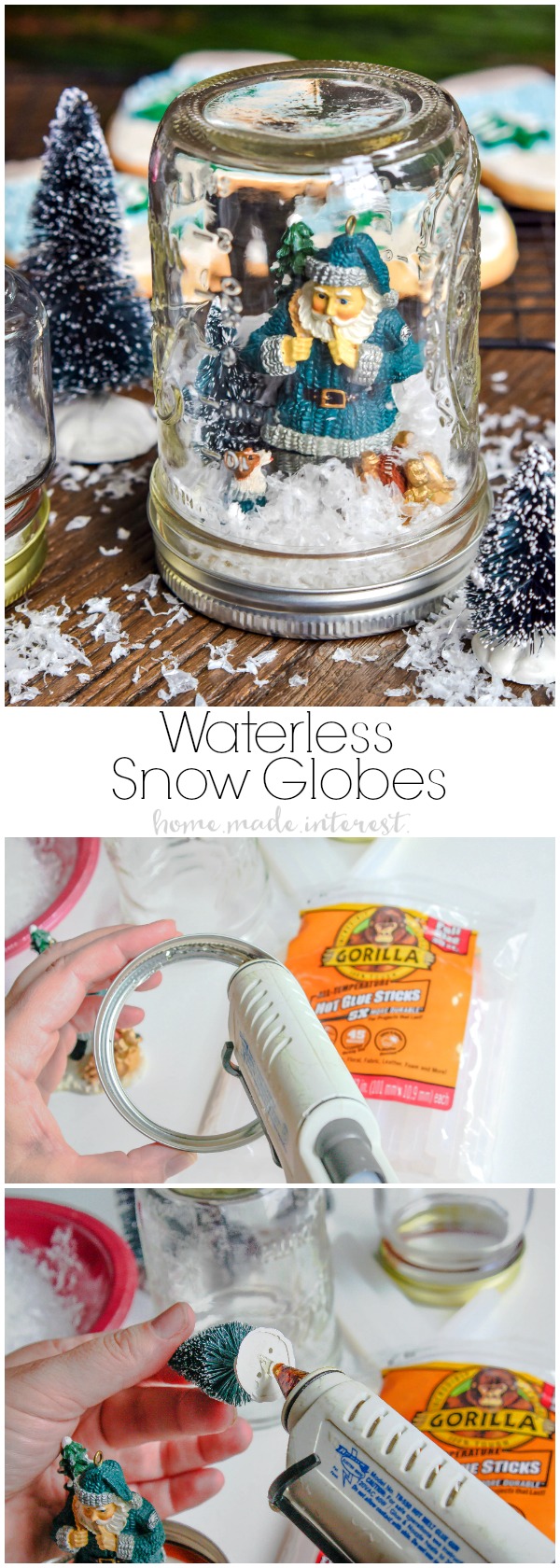 We have a simple tutorial for DIY Waterless Snow Globes made with mason jars. Mason jar snow globes are so much fun and these don’t require any water. We even made matching snow globe cookies that we decorated and served to the kids while we worked on our DIY snow globes!