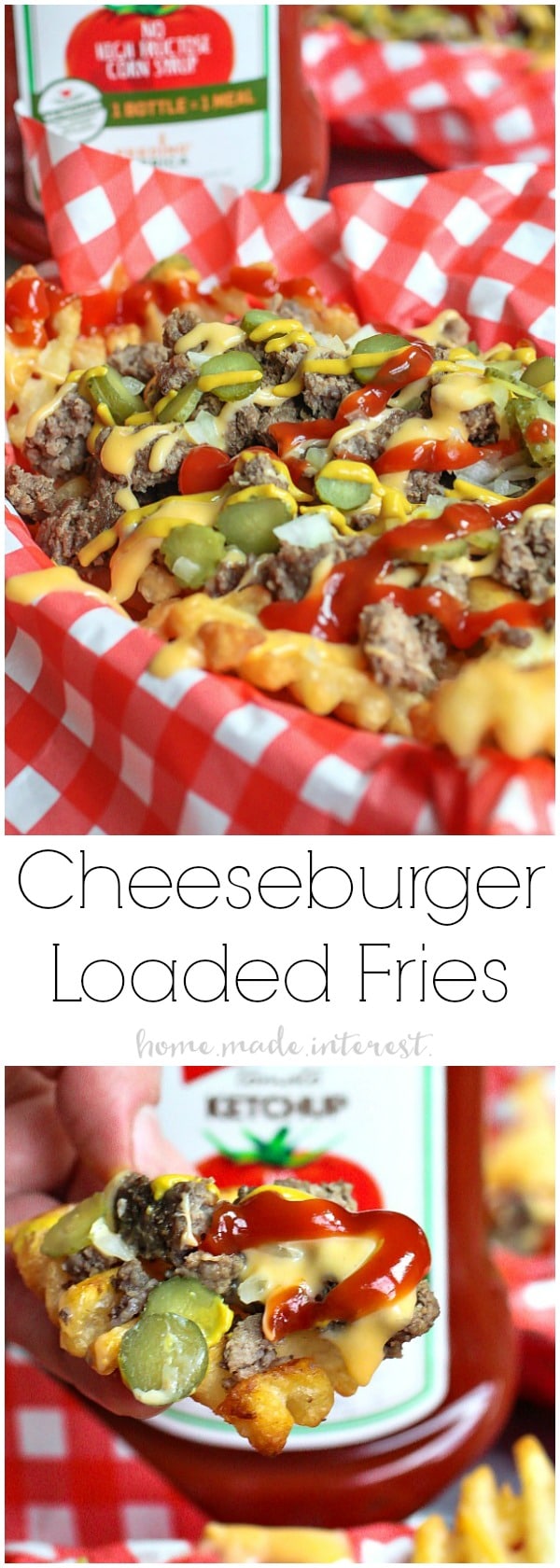 Loaded Cheeseburger Fries | These french fries are loaded with everything it takes to make a great cheeseburger. Ground beef, onions, pickles, cheese, and of course ketchup and mustard. Loaded Cheeseburger Fries are an awesome appetizer recipe for your next football party or a weeknight meal for the family. This loaded french fry recipe is going to blow your mind!