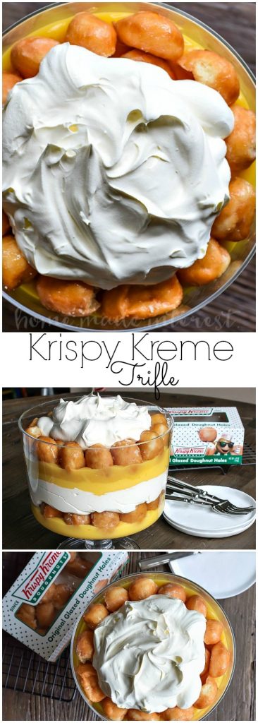 Donut Trifle | This decadent dessert recipe uses Krispy Kreme doughnuts to make an easy trifle recipe. Layers of whipped cream, vanilla pudding and donut holes makes an easy donut trifle recipe that everyone is going to love. Trifle is an easy dessert recipe for the holidays and it would make a great potluck dessert recipe for summer picnics.