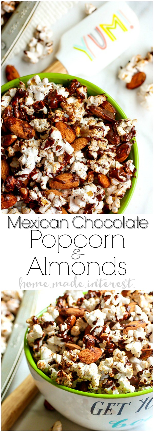 Mexican Chocolate Popcorn and Almonds | This sweet and crunchy Mexican Chocolate Popcorn and Almonds is a healthy snack that is easy to make. A blend of spices and chocolate gives this Mexican Chocolate Popcorn and Almonds a sweet flavor with a little bit of a kick and the light popcorn and almonds are healthy snack foods that taste great! 