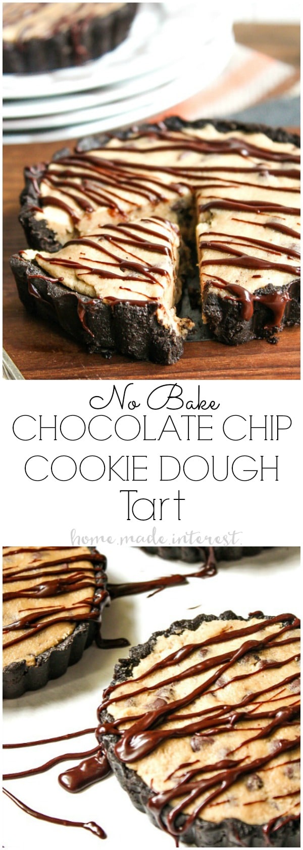 No Bake Chocolate Chip Cookie Dough Tart | This is a no bake dessert recipe that is quick and easy to make and oh so good! No bake chocolate chip cookie dough tarts have a no bake Oreo crust and are filled with no bake chocolate chip cookie dough. Drizzle this no bake dessert with a little chocolate and serve it to friends and family at your next party!