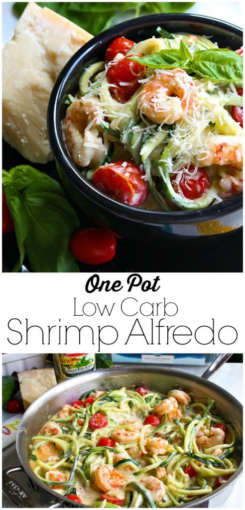 One Pot Low Carb Shrimp Alfredo | This easy one pot meal is a combination of shrimp, fresh tomatoes, zucchini noodles, and creamy alfredo sauce. This easy low carb shrimp alfredo recipe only takes minutes to make! If you’re looking for a healthy shrimp alfredo recipe you’re going to love this!