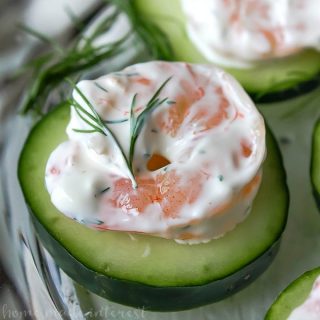 Shrimp and Dill Cucumber Appetizer | This beautiful shrimp and dill appetizer is an easy appetizer for parties and makes a great low carb brunch recipe. Steamed shrimp in a light dill sauce served on cucumber slices makes an easy shrimp appetizer that is a light and fresh Easter brunch recipe or Mother’s Day brunch recipe.