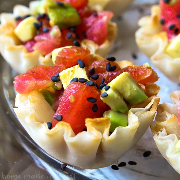 Tuna and Avocado Sushi ingredients in a small phyllo cup