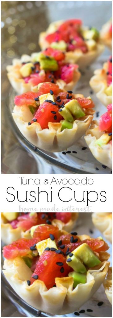 Tuna Avocado Sushi Cups | This is an easy appetizer recipe that is perfect for a dinner party or cocktail party. Enjoy these Tuna Avocado Sushi Cups as a New Year's Eve appetizer. It is a sushi appetizer that anyone can make! #newyear #sushi #feedfeed #appetizer