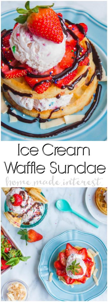 Waffle Sundae | Make this easy Waffle Sundae recipe for a fun family night or just because you want the best sundae ever! Tasty waffles piled high with ice cream and topped with another waffle before covering it with your favorite ice cream toppings. Kids and adults will love this easy dessert recipe! Who wouldn’t want ice cream and waffles?!
