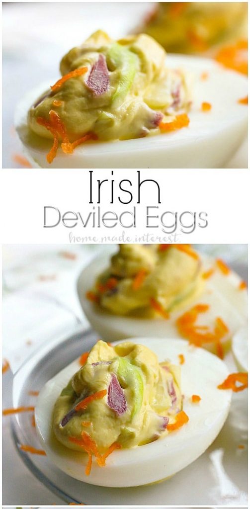 This deviled egg recipe is a fun twist on the classic St. Patrick’s Day recipe corned beef and cabbage. Deviled eggs are an easy appetizer that make a great brunch recipe for spring. These Irish Deviled eggs are also the perfect low carb and keto recipe for St. Patrick’s Day! #lowcarbrecipe #stpatricksday #ketorecipe #keto #deviledeggs #brunch #cornedbeef #homemadeinterest