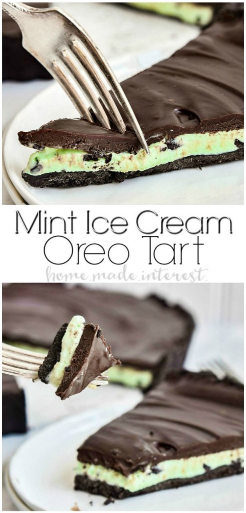 Mint Ice Cream Oreo Tart | If you love mint and chocolate together then this mint ice cream oreo tart recipe is for you! This easy mint chocolate dessert recipe is an amazing St. Patrick’s Day dessert. An oreo tart filled with mint chocolate chip ice cream and topped with rich chocolate ganache.#stpatricksday #dessert #oreo #icecream #tart