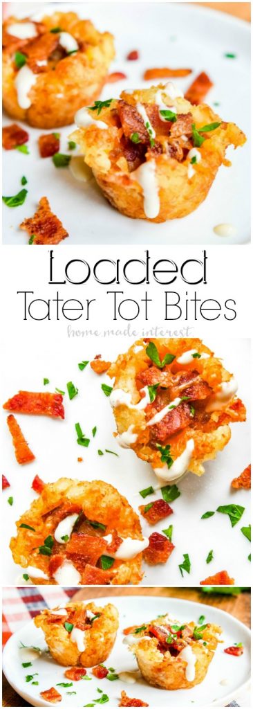 Loaded Tater Tot Bites | This awesome tater tot appetizer recipe is and easy game day appetizer that is perfect football party food. Loaded Tater Tot Bites are filled with everything you love in a loaded baked potato. Tater tot cups with bacon, cheese, sour cream. It is the best potato appetizer!