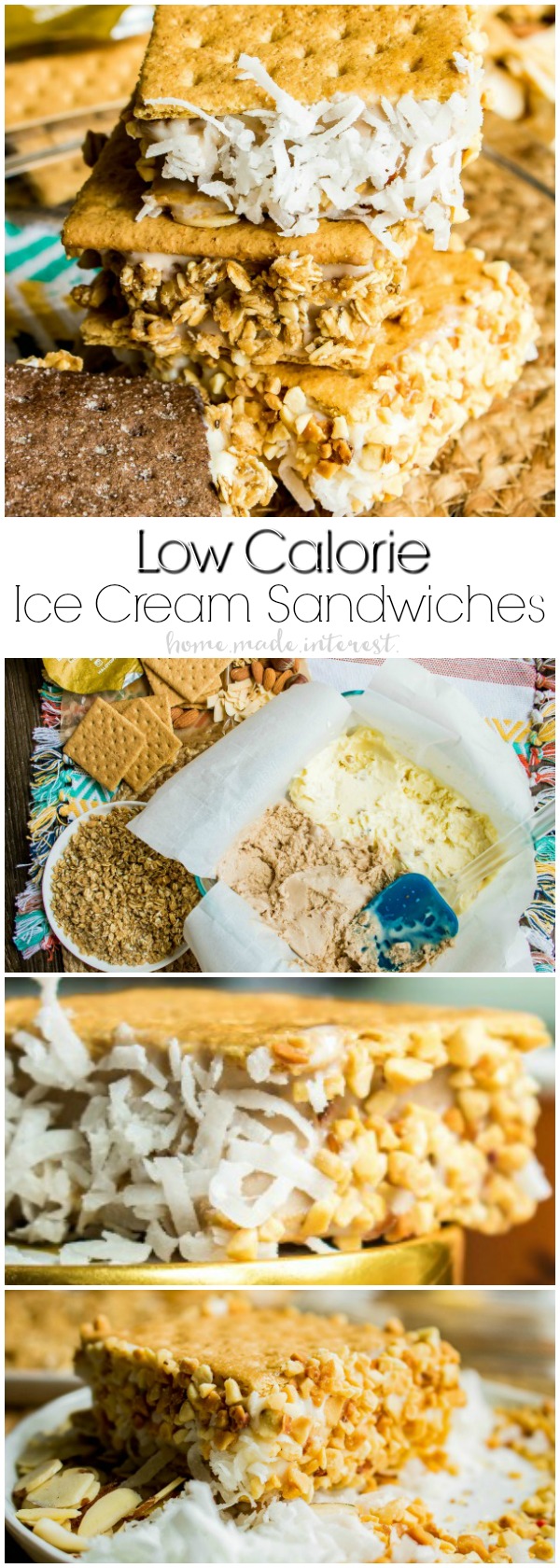 Low Calorie Ice Cream Sandwich | This low calorie ice cream sandwich recipe is a healthy dessert recipe that will be perfect on your diet! Low calorie ice cream sandwiched between two graham crackers and rolled in healthy toppings. 