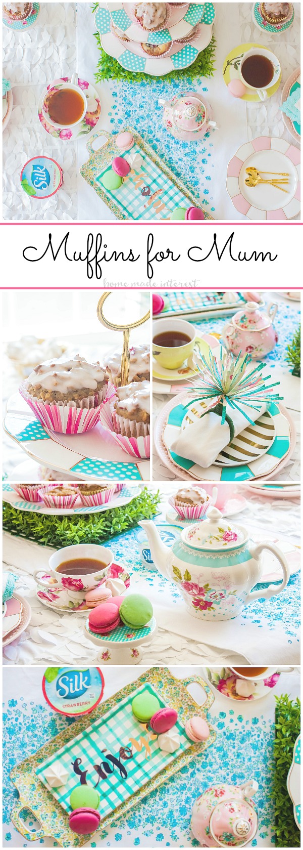 Muffins for Mum Mother’s Day Brunch | Celebrate Mother’s Day with a simple brunch including dairy free muffins for mom! These easy dairy free muffins were simple to make and they were delicious! This beautiful spring party idea is a tea party themed Mother’s Day brunch. It is a fun way to thank your mom for everything she does. We’ve got an easy paper flor tutorial showing you how to turn paper into beautiful napkin rings!
