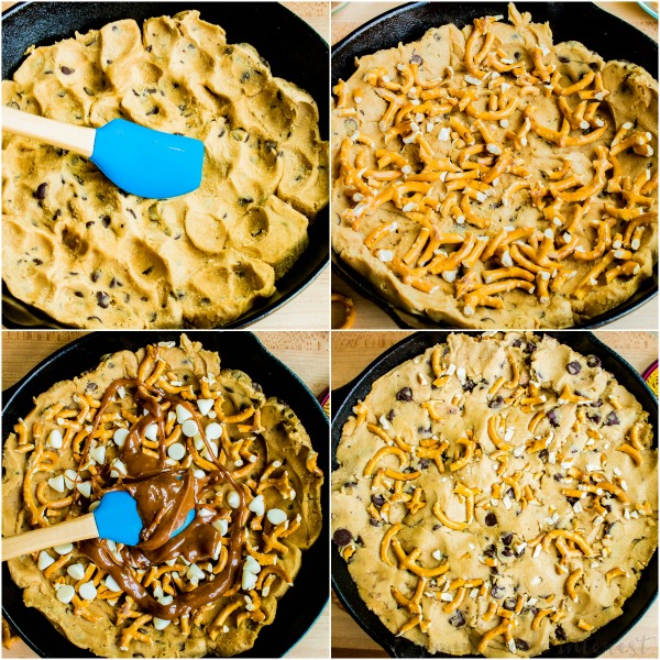 Salted Caramel Chocolate Skillet Cookie | This skillet cookie recipe is a chocolate chip cookie filled with rich creamy caramel, white chocolate chips, and salty, crunchy pretzels. It’s baked in a cast iron skillet until everything melts together into a decadent cookie dessert topped with a couple of scoops of ice cream. This cast iron skillet dessert is an easy dessert recipe that the whole family will love.