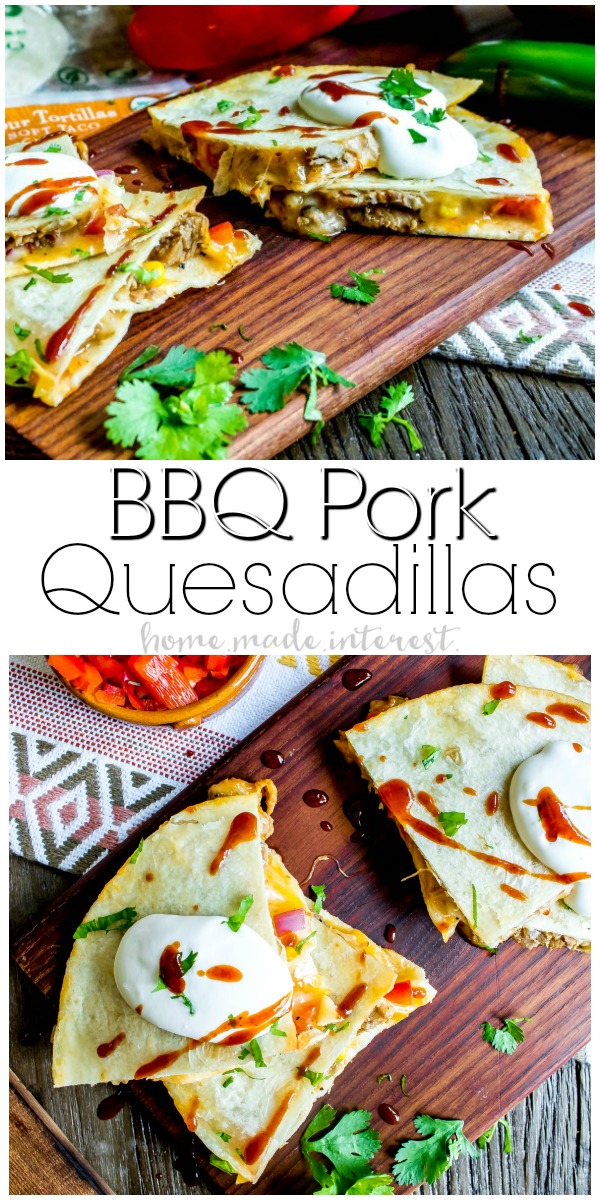 BBQ Pork Quesadillas | This easy quesadilla recipe is oozing cheese and filled with BBQ pork! This is a quick and easy dinner recipe for busy weeknights and a great lunch idea for kids when they are home all summer. These BBQ Pork Quesadillas are an awesome spin on my favorite Tex-Mex recipe! 